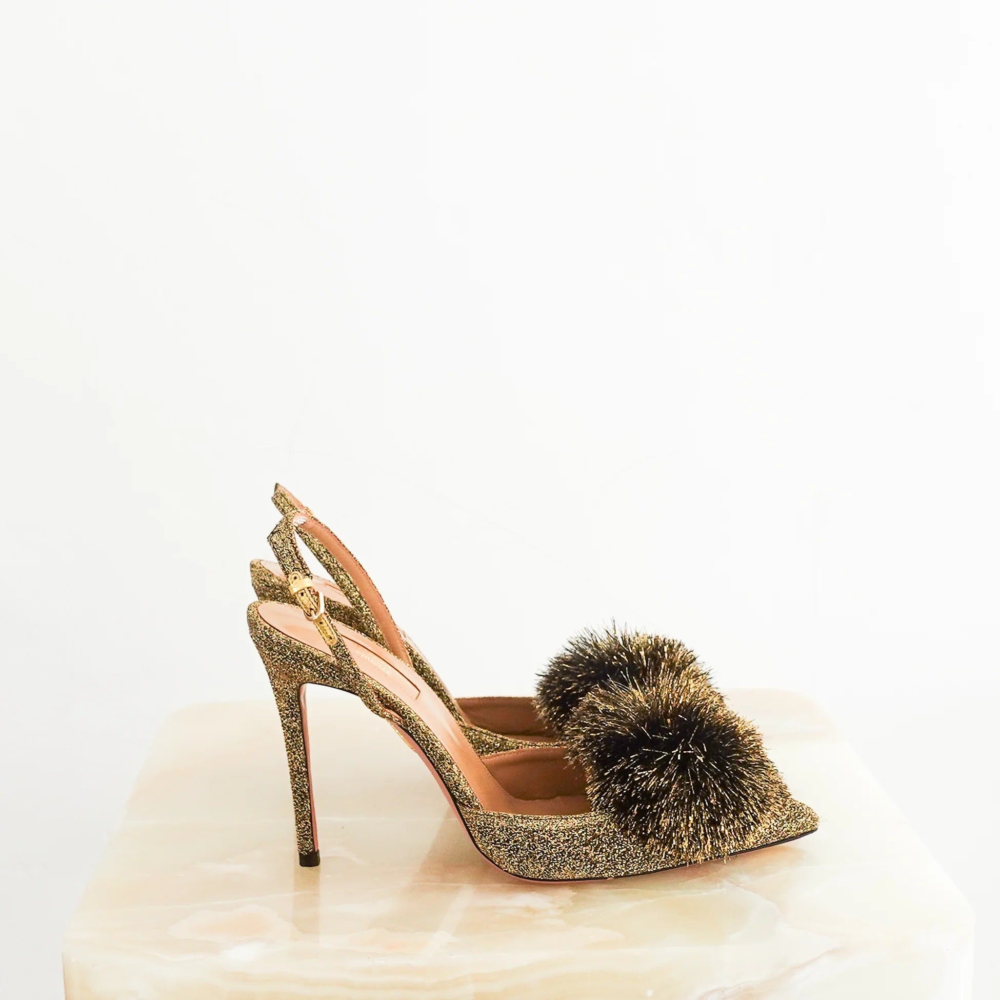 Gold Powder Puff Slingback Heels