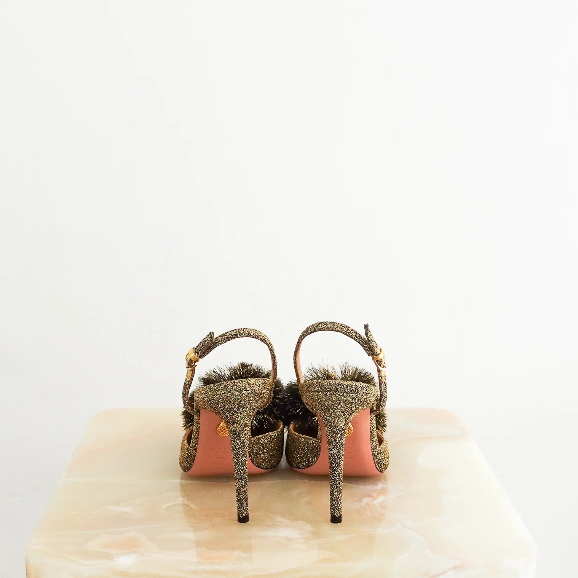 Gold Powder Puff Slingback Heels