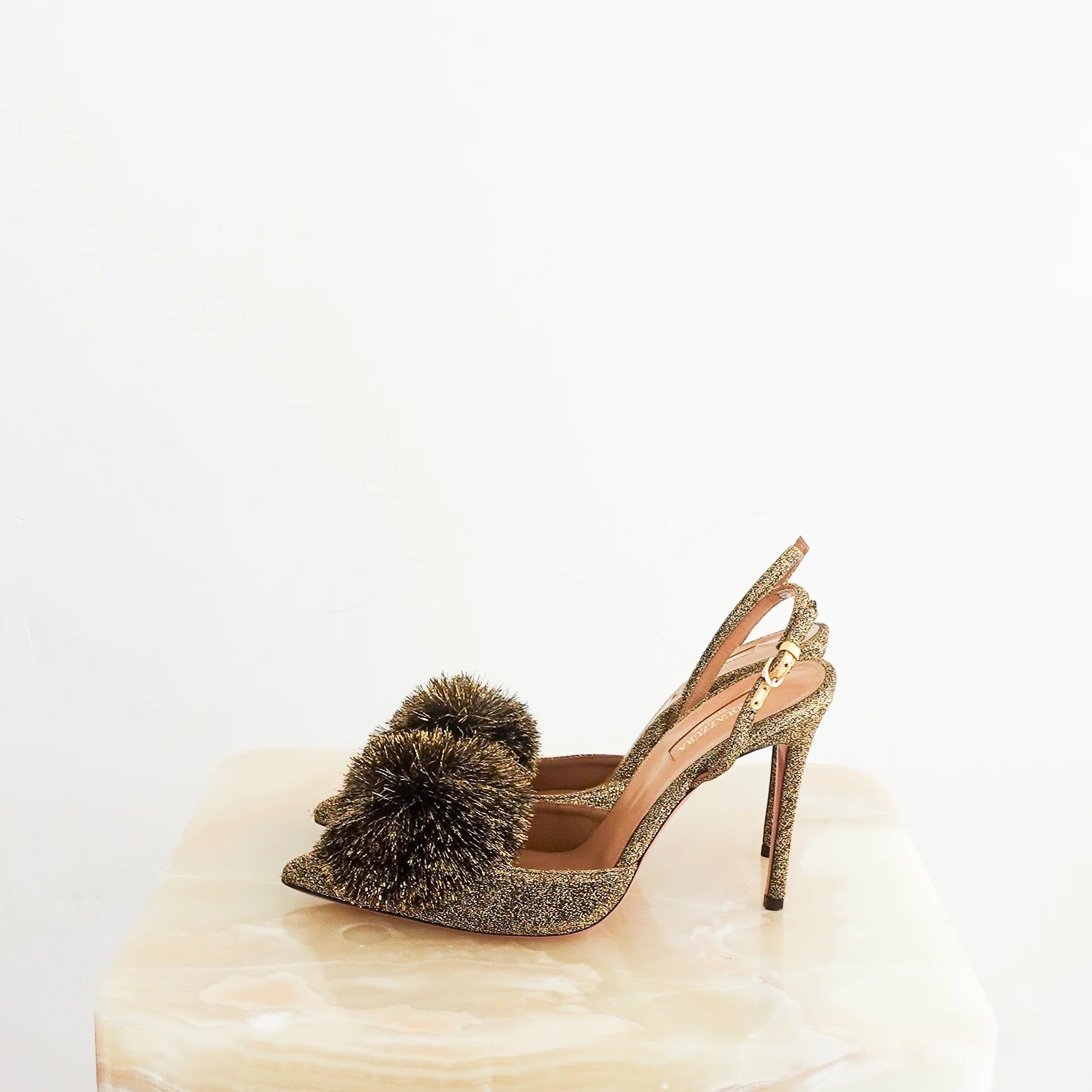 Gold Powder Puff Slingback Heels