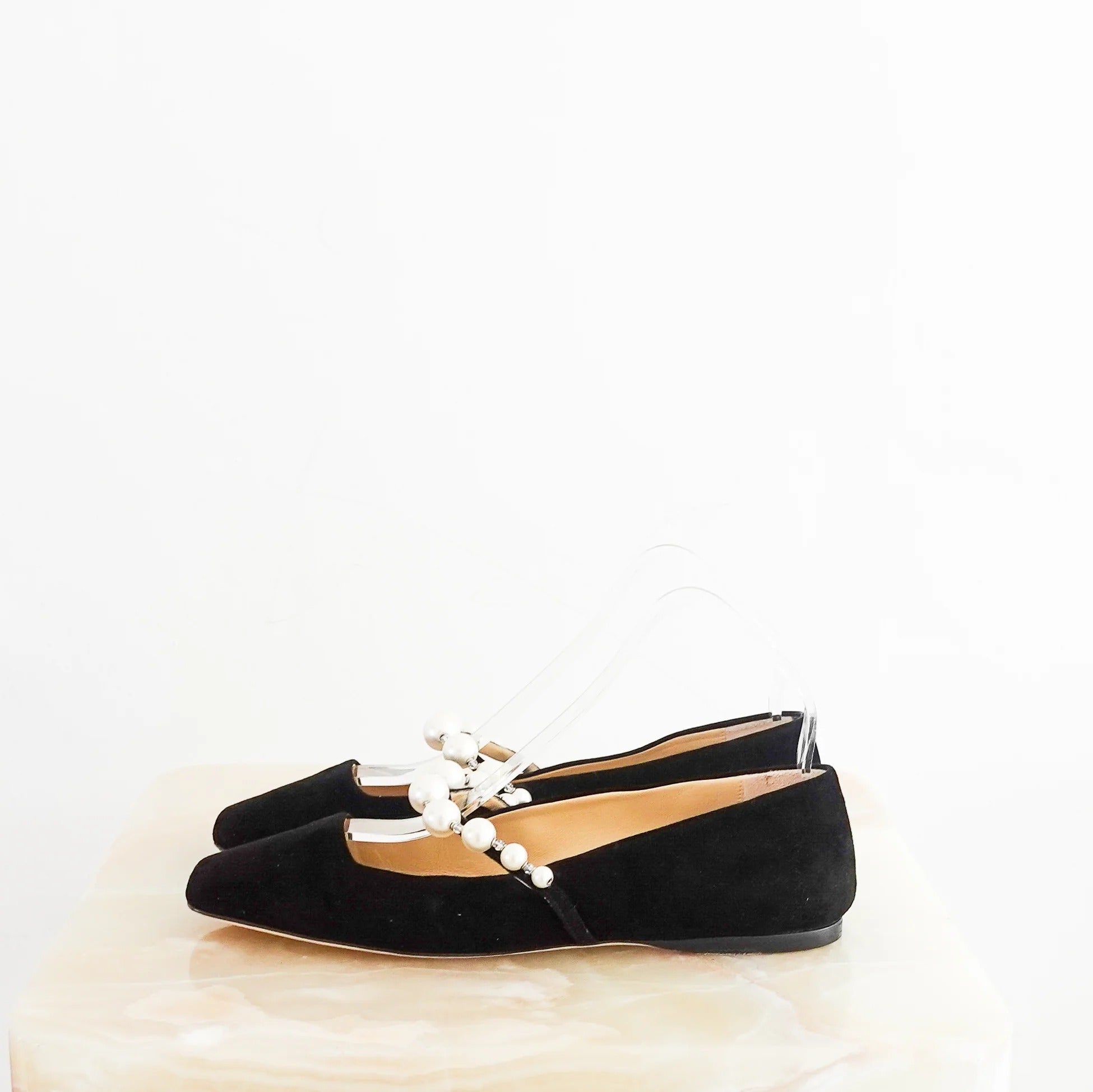 Embellished Black Suede Ballet Flats