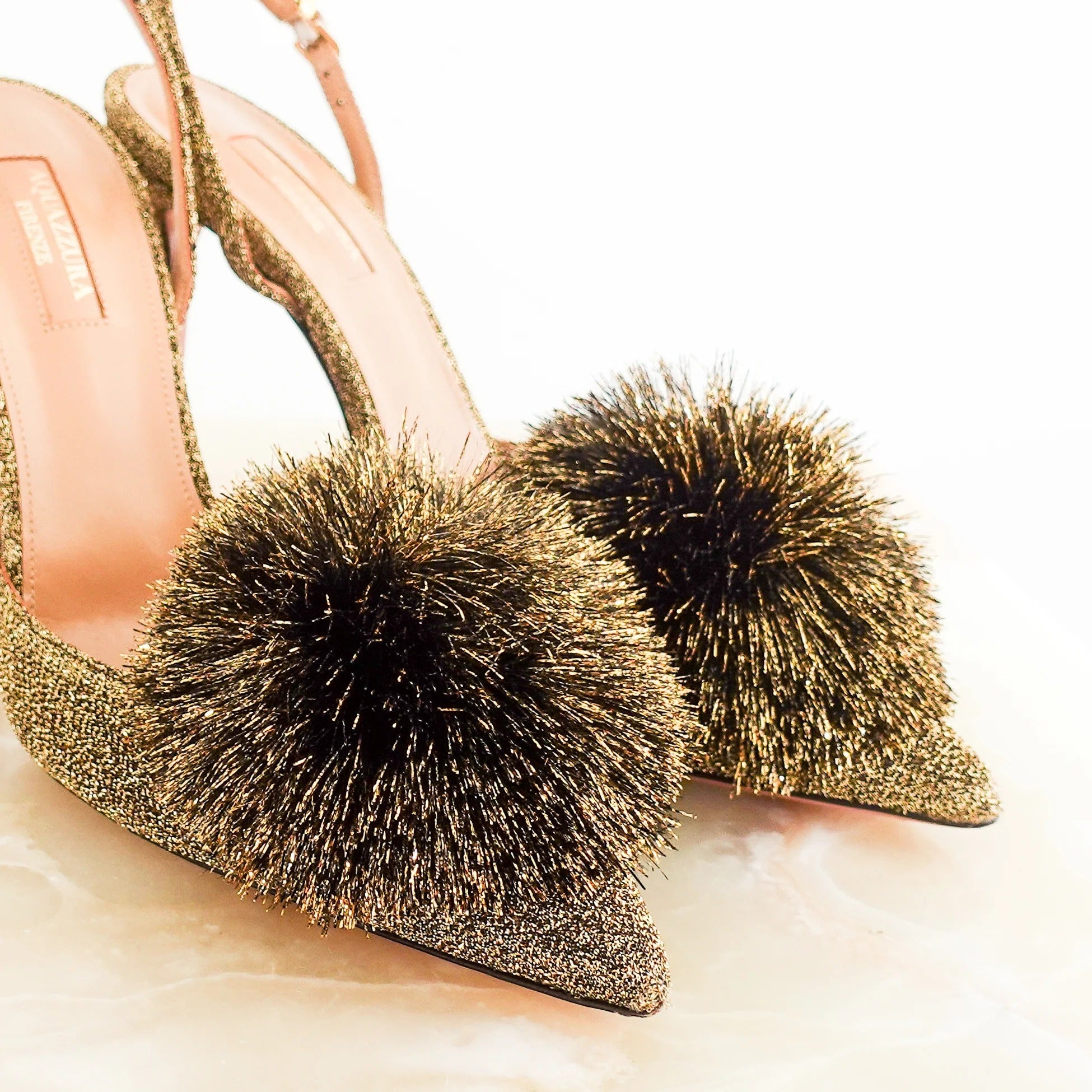 Gold Powder Puff Slingback Heels